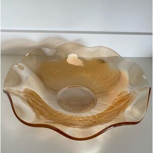 EUC VTG JEANNETTE LOUISA IRIDESCENT FLORAGOLD RUFFLED RIM BOWL CARNIVAL GLASS